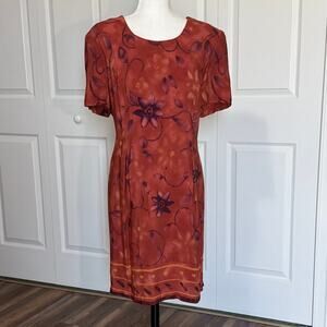 SL Fashions Size 14 red floral tailored dress short sleeve midi lined scoop neck